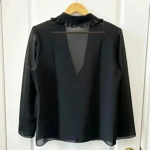 Vintage Marsellis Sheer Blouse Ruffle Collar Open Long Sleeve Black Medium - Picture 4 of 14